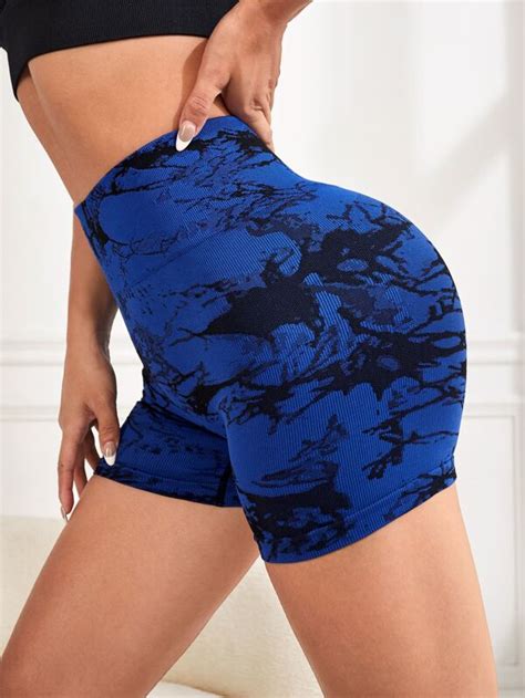 Yoga Trendy Marble Print Wideband Waist Sports Shorts Shein Usa