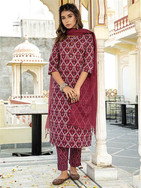 Buy Navy Blue Hand Block Printed Cotton Suit With Maroon Kota Doria