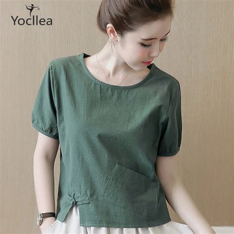 Women Casual Blouse Short Sleeve Cotton Linen Shirt Blouse Female Loose