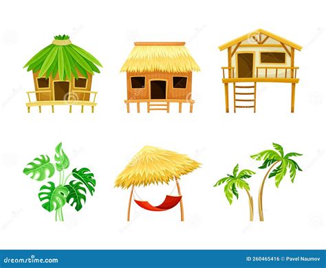 Beach Huts Tropical Exotic Plants And Hammock Set Cartoon Vector