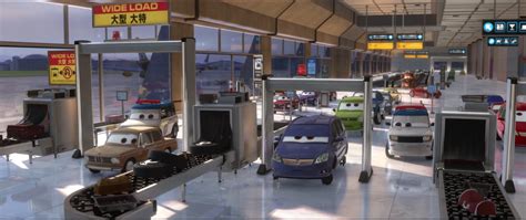 Cars 2 (2011) has a scene where different cars have to get in line for airport security. No ...