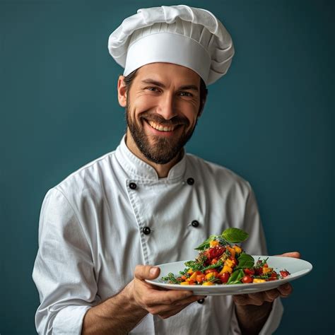 Premium Photo Male Smiling Chef Holding Plate With Food