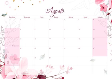 Calendario Mensal Floral Agosto Fazendo A Nossa Festa