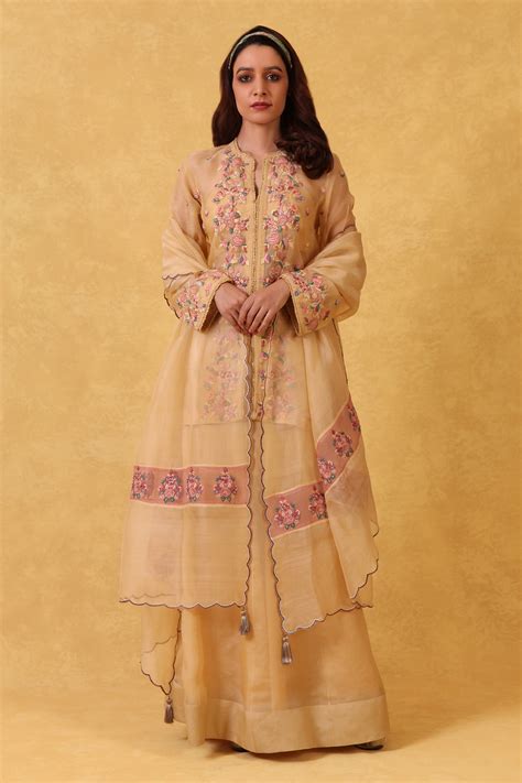 Buy Yellow Handwoven Pure Silk Organza Mandarin Katan Kurta Lehenga Set