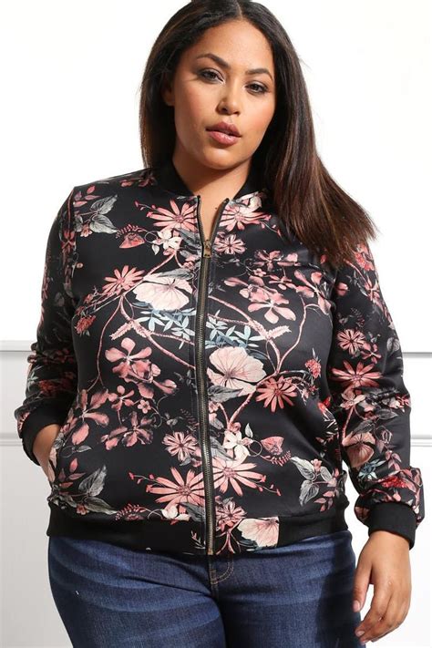 A Pretty Plus Size Bomber Jacket Featuring A Vibrant Floral Print Fabric And Zip Front Closure