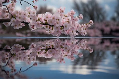 Cherry Blossom Bloom On The Water With Reflection Stock Illustration