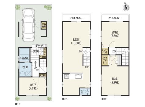 3階建間取り 間口狭狭小地15坪。南北に細長い南玄関の狭小住宅