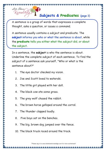 Grade 3 Grammar Topic 38 Subjects And Predicates Worksheets Lets