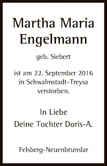 Traueranzeigen Von Martha Maria Engelmann Trauer HNA De