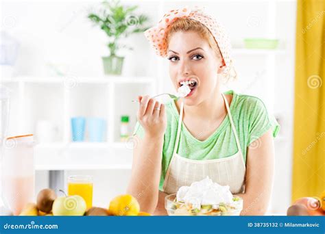 Young Woman Eat Fruit Salad Stock Photo Image Of Woman Cheerful