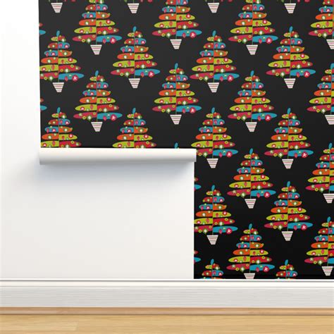 Black Mid Century Modern Christmas Tree Wallpaper Spoonflower