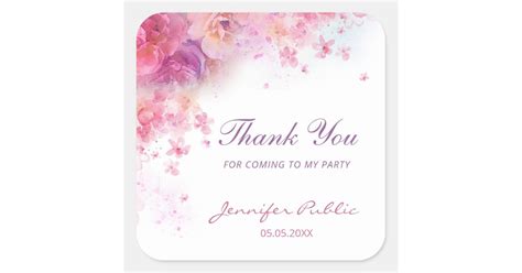 Watercolor Flowers Thank You Hand Script Template Square Sticker Zazzle