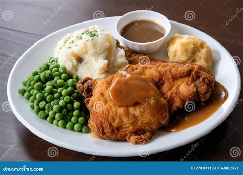 Heart Shaped Plate With Fried Chicken Mashed Potatoes And Gravy And Green Peas Stock