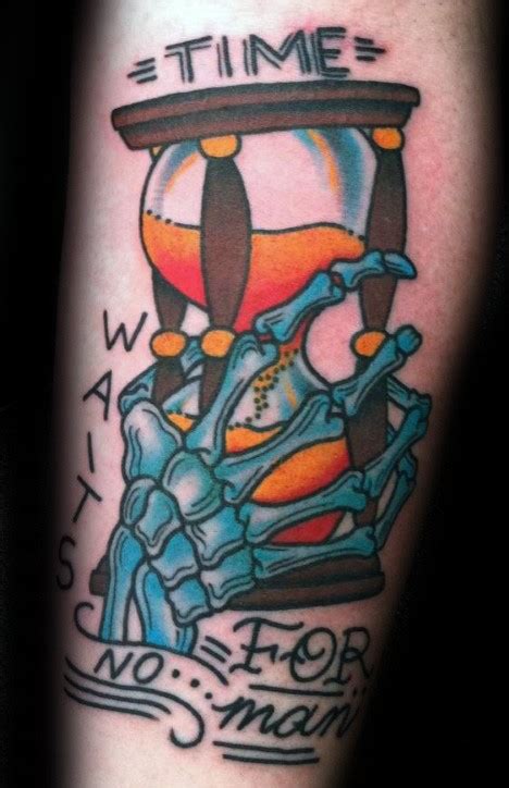 Old school style colored leg tattoo of sand clock with skeleton hand ...