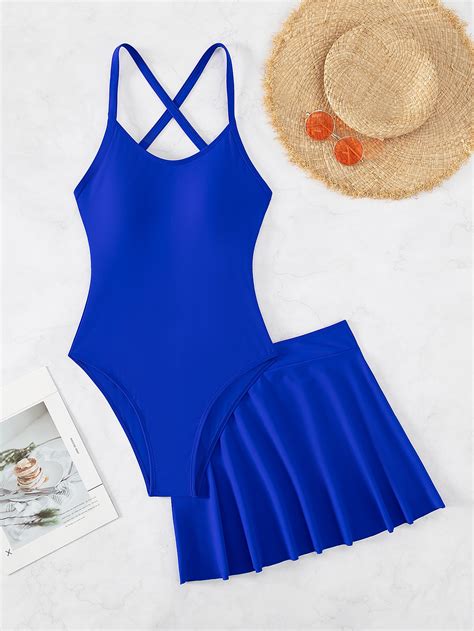 Shein Swim Basics Ba Ador Una Pieza Liso Con Falda De Playa Moda De