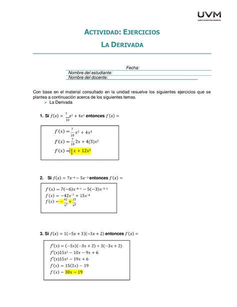 Actividad Ejercicios La Derivada Actividad Ejercicios La Derivada