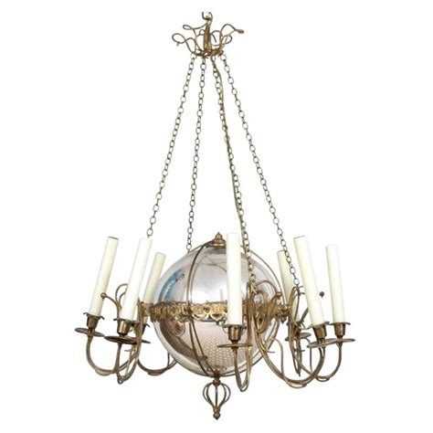 Antique Victorian Scroll Arm Brass And Glass Electrified Gas Chandelier