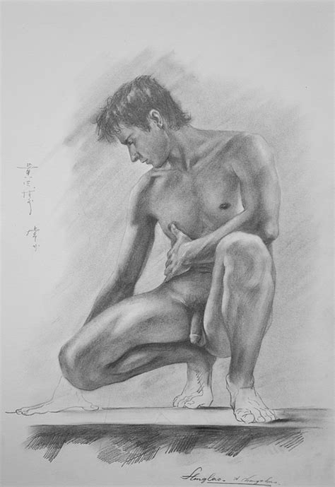 Original Charcoal Drawing Art Male Nude On Paper Beach