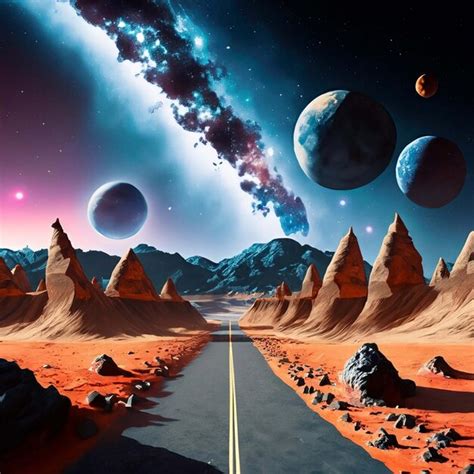 Premium AI Image | space landscape with road to lunar mountains and galaxies