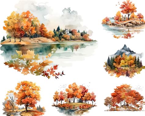 Watercolor Autumn Clipart, Fall Landscape Png Instant Download, Fall Scene Clipart, Autumn ...