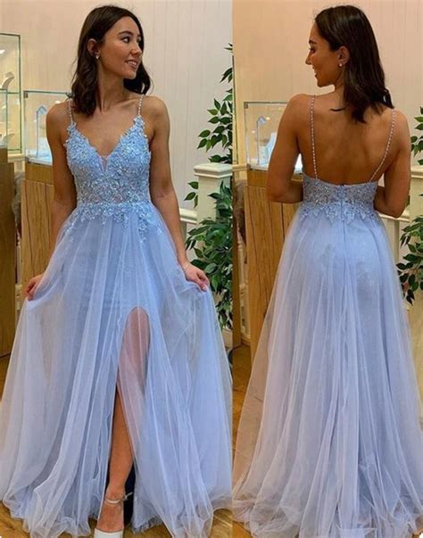 Light Blue Spaghetti Straps Prom Dresses A Line V Neck Side Slit Formal