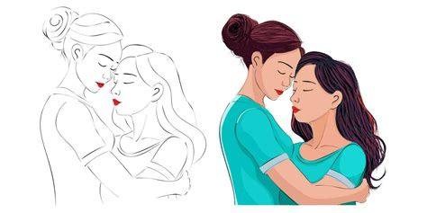 Lesbian Couple Flat Design Illustration Portrait Of Two Beautiful Girls In An Intimate