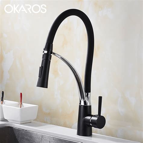 OKAROS Pull Out Kitchen Faucet Black Double Sprayer Nozzle Cold Hot