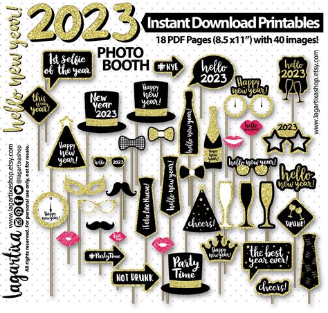 Photo Booth 2023 Props Printables Gold Glitter Black New Etsy Uk