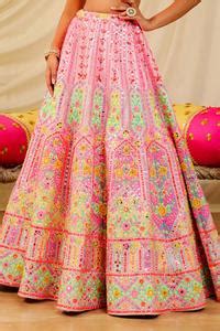 Buy Pink Dupion Silk Embroidery Mirror Applique Bridal Lehenga Set For