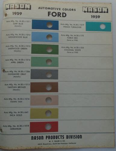 1959 Ford One Page Of Nason Color Paint Chips Ebay