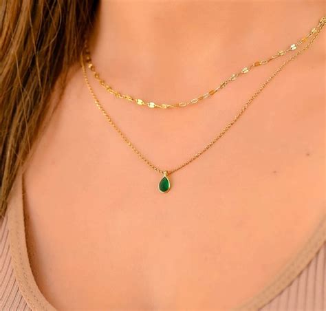 Emerald Green Teardrop Necklace Layered Gold Necklace Set Double Gold