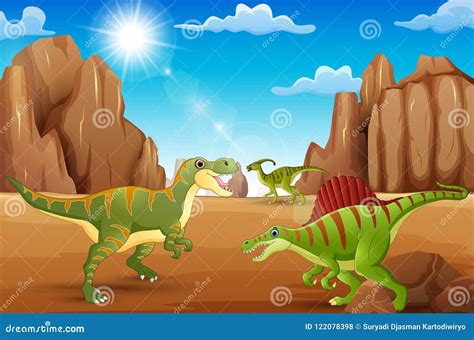 Dinossauros Felizes Dos Desenhos Animados Que Vivem No Deserto