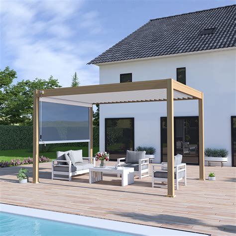 Pergola Bioclimatique Aluminium Effet Bois Naturel X M Toit Ajustable