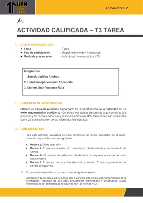 T3 comunicación 2 ACTIVIDAD CALIFICADA T3 TAREA I DATOS