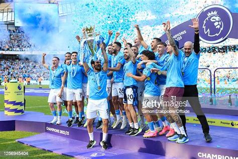 Manchester City Lift The Premier League Trophy During The Premier