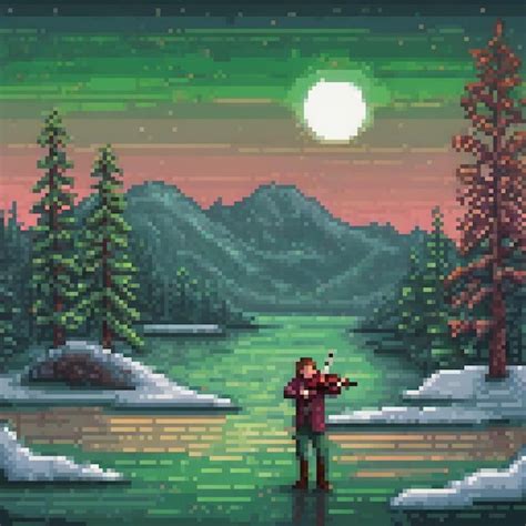 Pixel Art De Um Homem Por Um Lago Sereno Sob Uma Lua Cheia Imagem