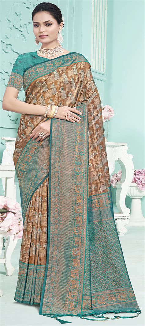 Party Wear Traditional Beige And Brown Blue Color Art Silk Fabric