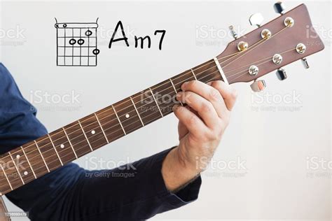 Man Playing Guitar Chords Displayed On Whiteboard Chord A Minor7 Stock