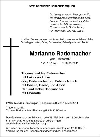 Traueranzeigen Von Marianne Rademacher Trauer In NRW De