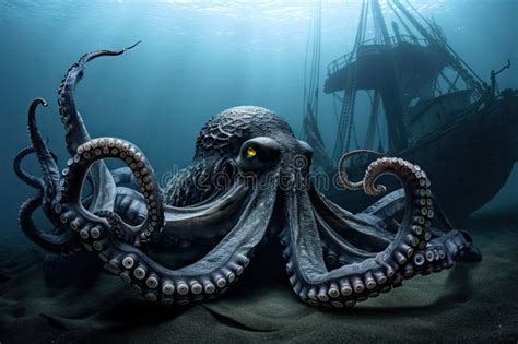 Octopus Kraken With Tentacles Wrapped Around Sunken Shipwreck Stock