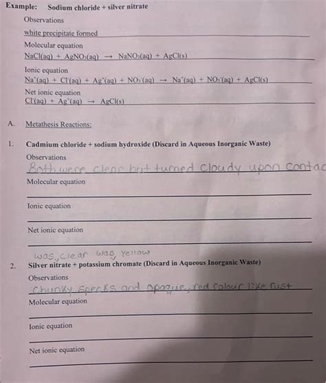 [Solved]: Example: Sodium chloride + silver nitrate Observa