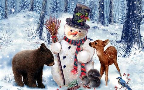 best, Friends, Wide, Cute, Painting, Snowman, Winter, Animal, Deer, Dog ...