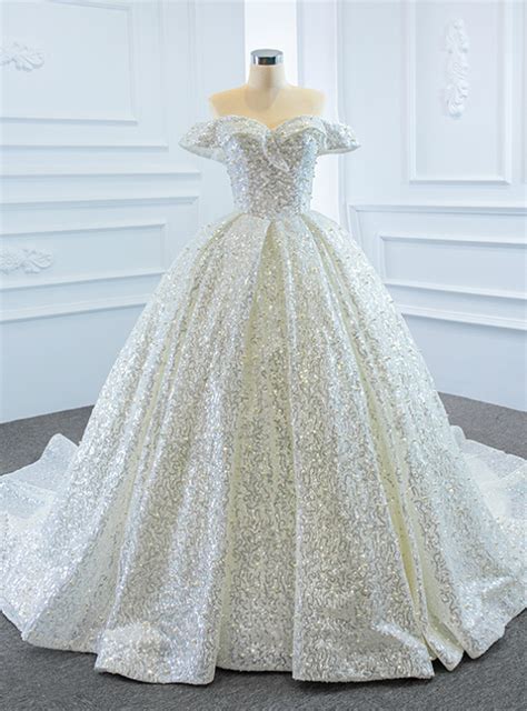 White Ball Gown Tulle Off the Shoulder Pearls Wedding Dress