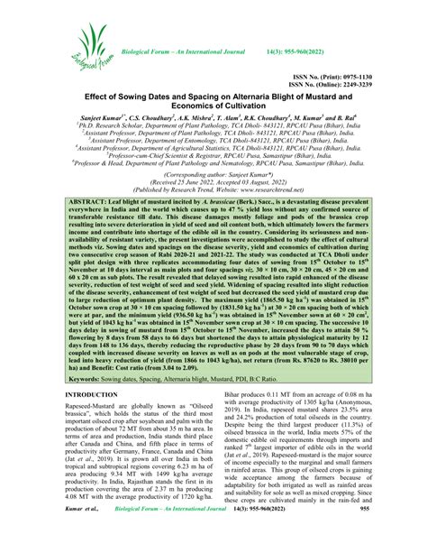 PDF Effect Of Sowing Dates And Spacing On Alternaria Blight Of