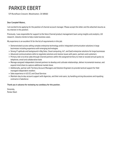 Channel Account Manager Cover Letter | Velvet Jobs