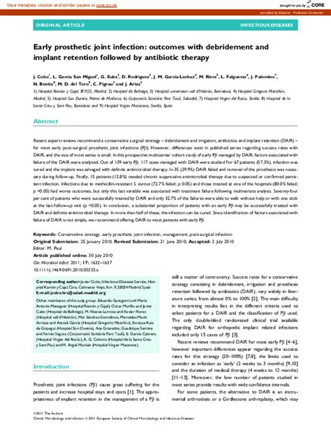 Pdf Early Prosthetic Joint Infection Outcomes With Debridement And Implant Retention Followed