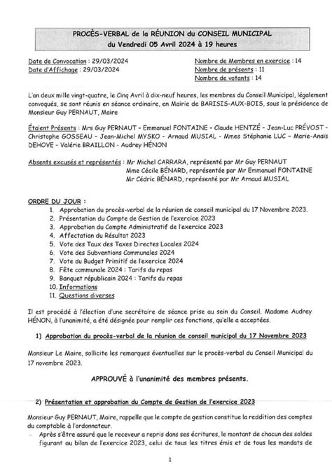 Proc S Verbal De La R Union Du Conseil Municipal Du Avril