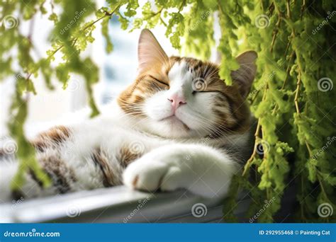 Cute Cat Sleeping On Window Sill Closeup Space For Text Stock