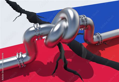 Fuel Gas Pipeline With A Knot On Background Of Poland And Russian Flags