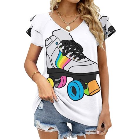 2024 Rollerskate Lotus Leaf Neck T-Shirt Long Sleeve T-Shirts For Women Spring And Autumn Tee ...